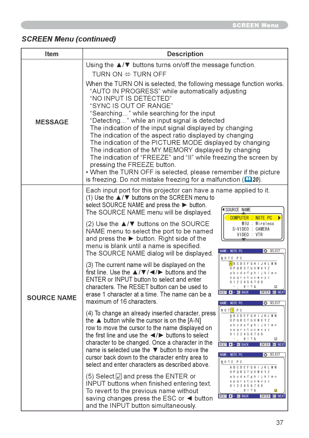 Hitachi CPX6 user manual No Input is Detected, Sync is OUT of Range, Message, Source Name 