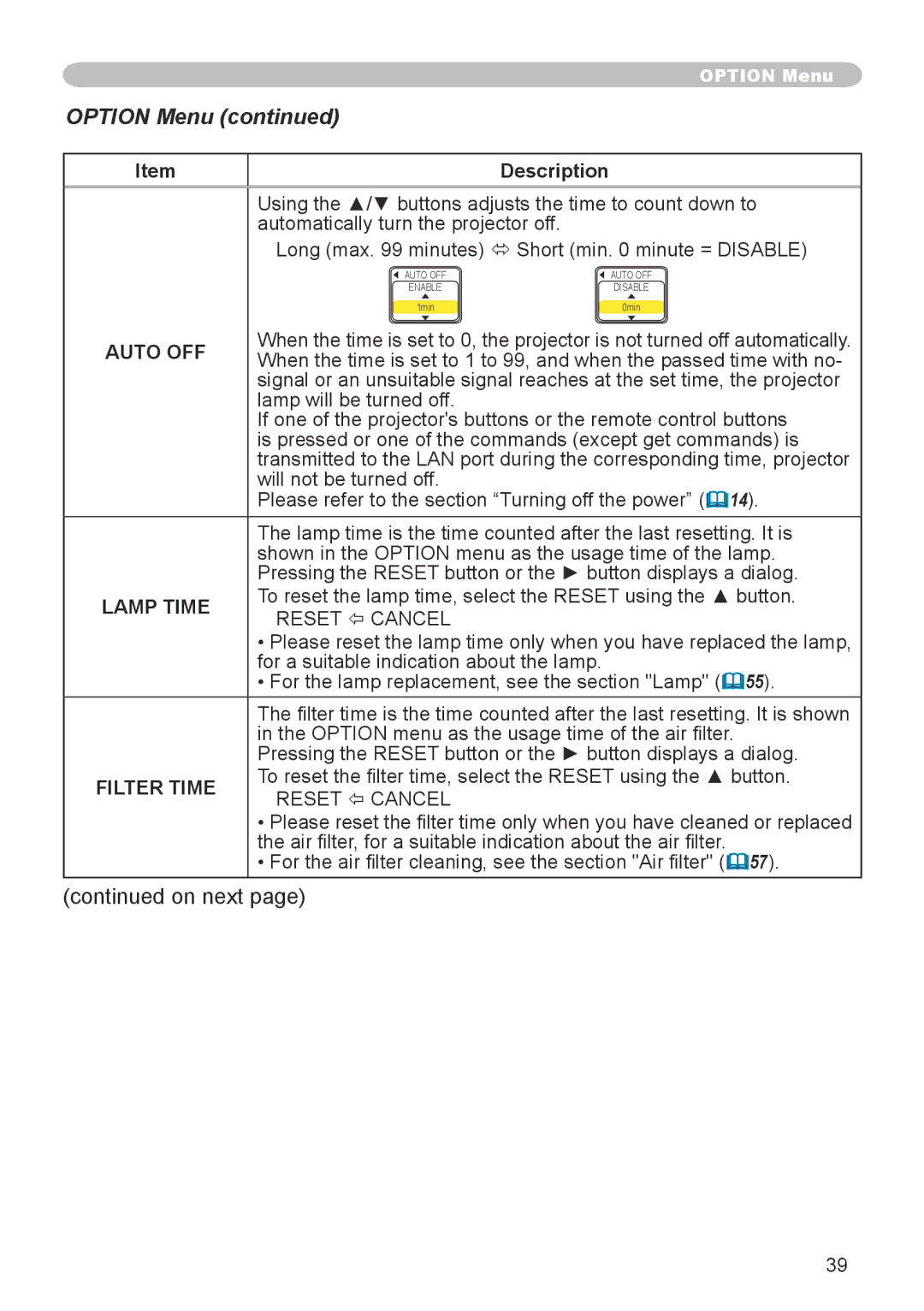 Hitachi CPX6 user manual Option Menu, Auto OFF, Lamp Time 