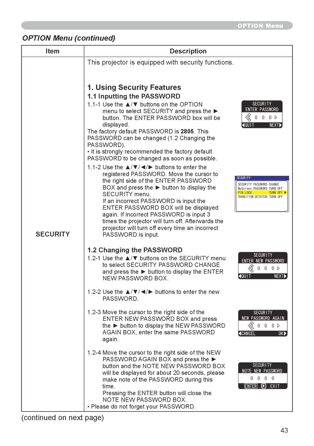 Hitachi CPX6 Using Security Features, This projector is equipped with security functions, Inputting the Password 