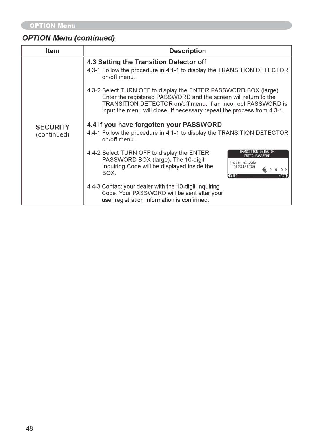 Hitachi CPX6 user manual Setting the Transition Detector off, Security 