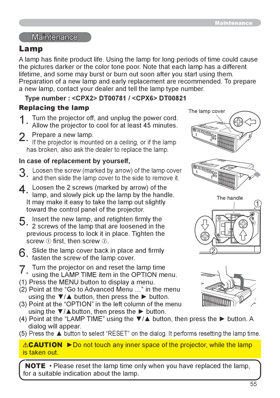 Hitachi Maintenance, Lamp, Type number CPX2 DT00781 / CPX6 DT00821 Replacing the lamp, Case of replacement by yourself 