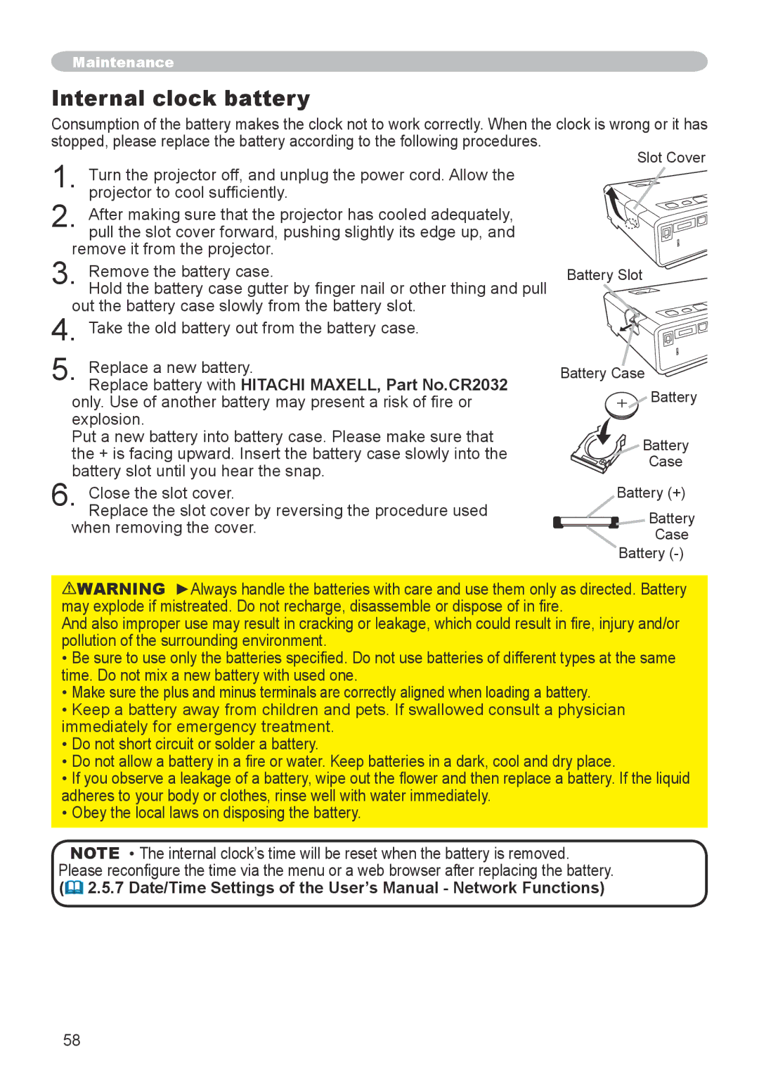 Hitachi CPX6 user manual Internal clock battery 