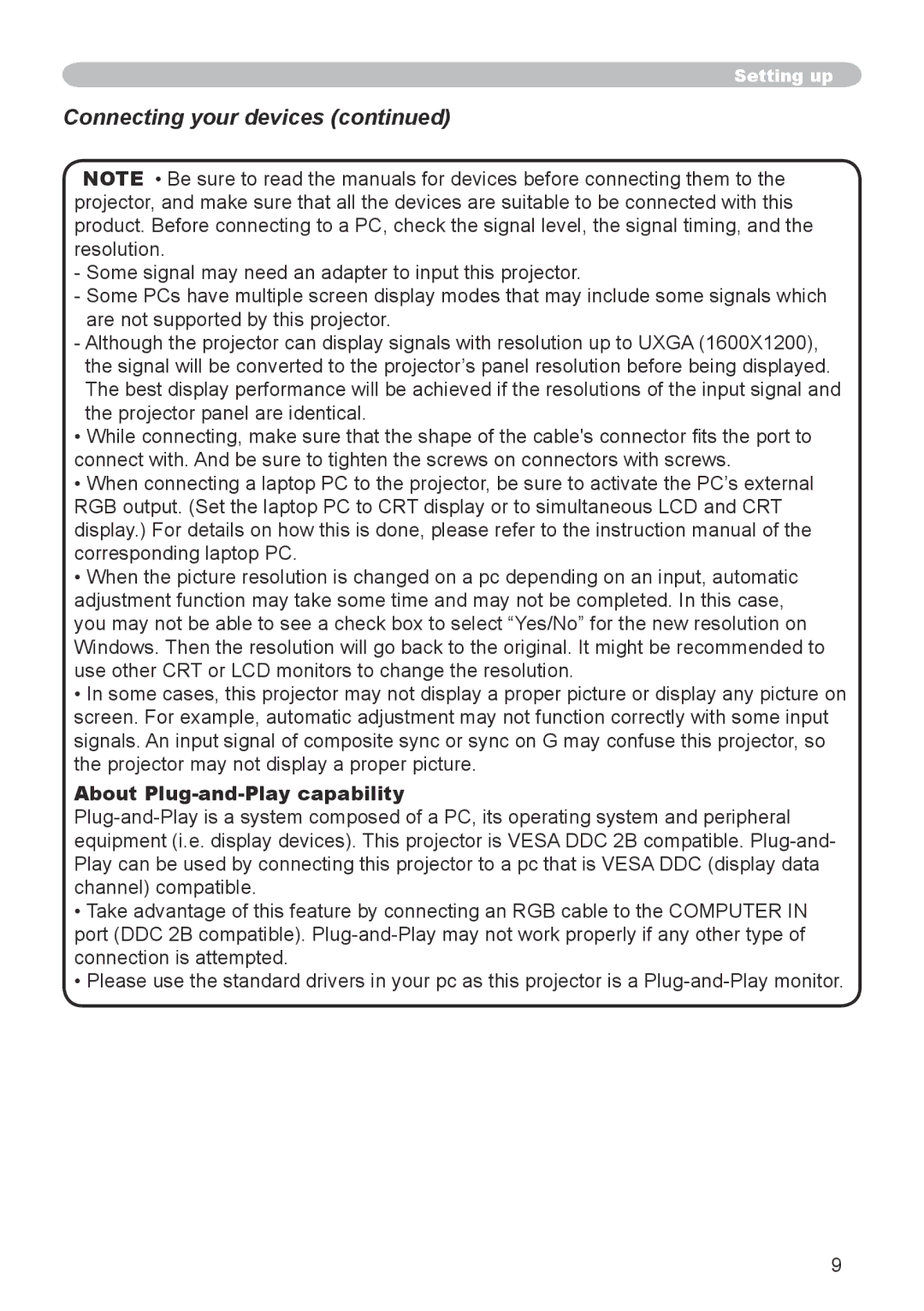 Hitachi CPX6 user manual Connecting your devices, About Plug-and-Play capability 