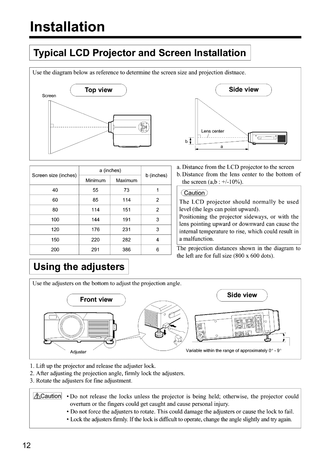 Hitachi CPX960WE Typical LCD Projector and Screen Installation, Using the adjusters, ToD view Side view, Front view 