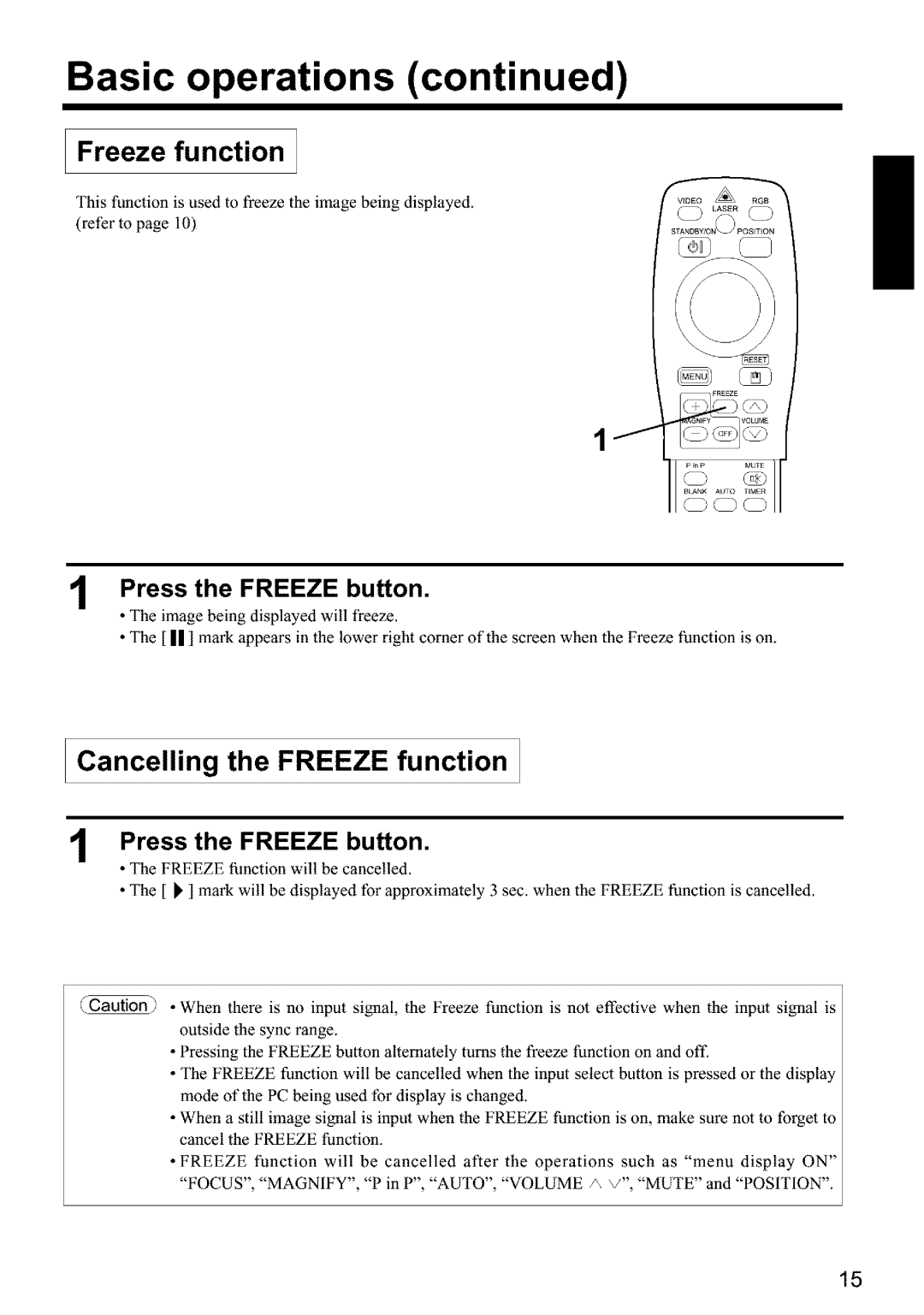 Hitachi CPX960WE user manual Basic operations, Cancelling the Freeze function, Press the Freeze button 