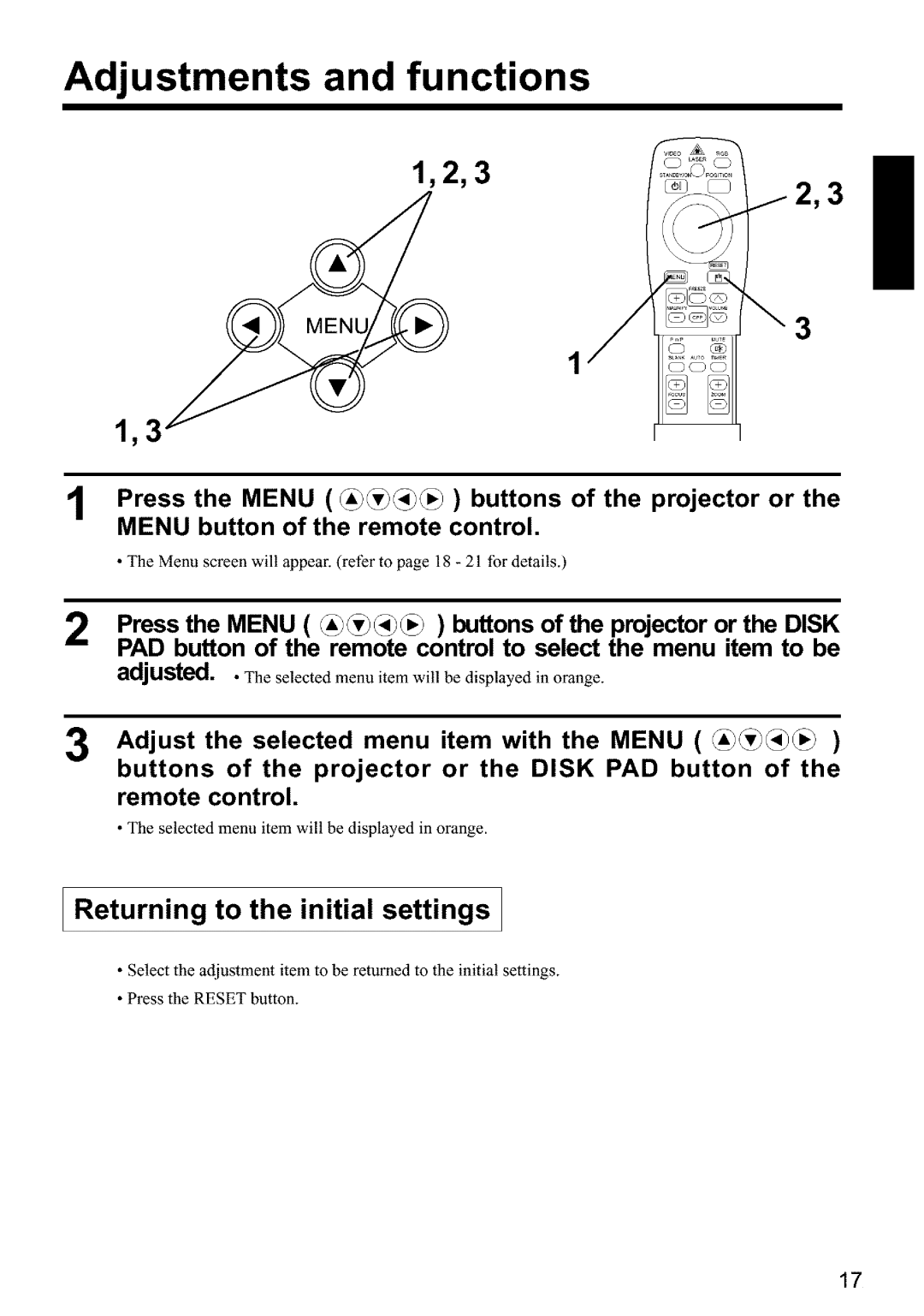 Hitachi CPX960WE user manual Adjustments and functions, Returning to the initial settings 