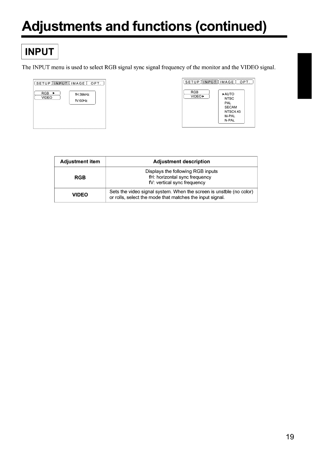 Hitachi CPX960WE user manual Adjustment item Adjustment description, Video, System. When the screen is unstble no color 