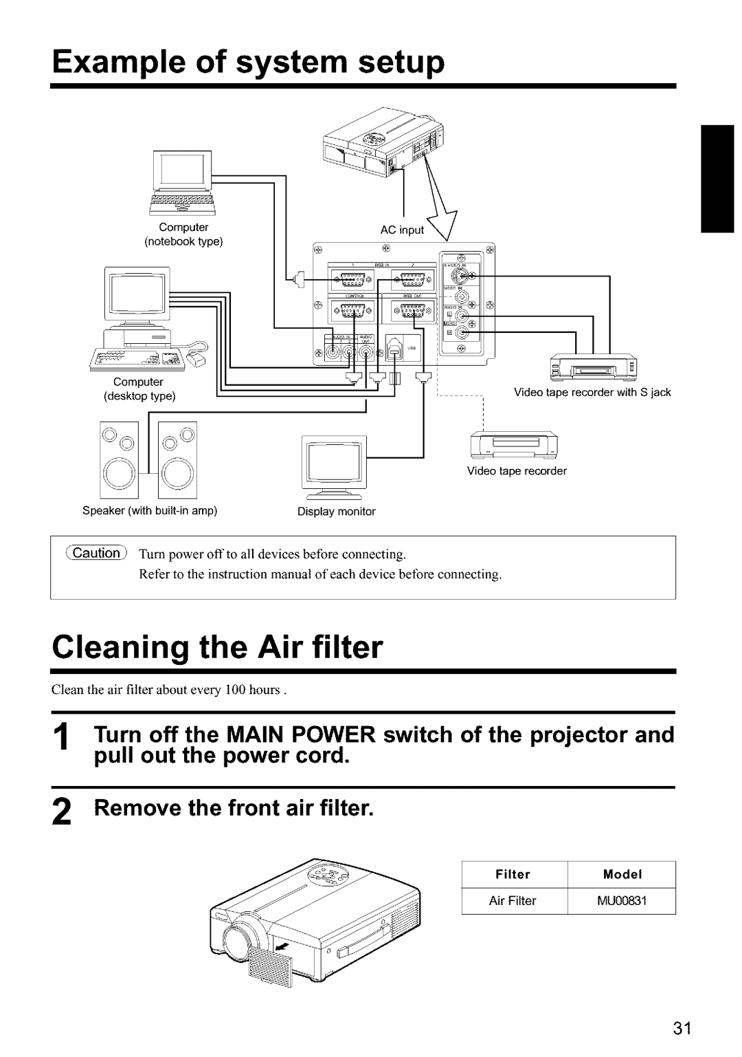 Hitachi CPX960WE user manual Example of system setup, Cleaning the Air filter, FilterModel 