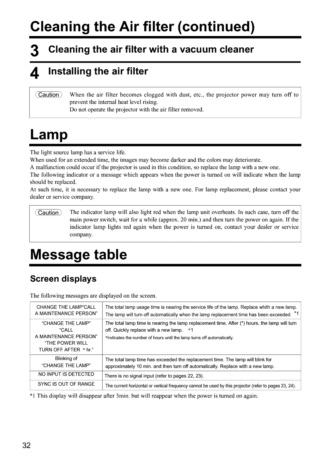 Hitachi CPX960WE user manual Lamp, Screen displays 