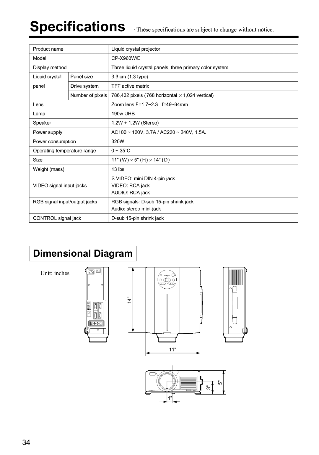 Hitachi CPX960WE user manual Dimensional Diagram, Control 