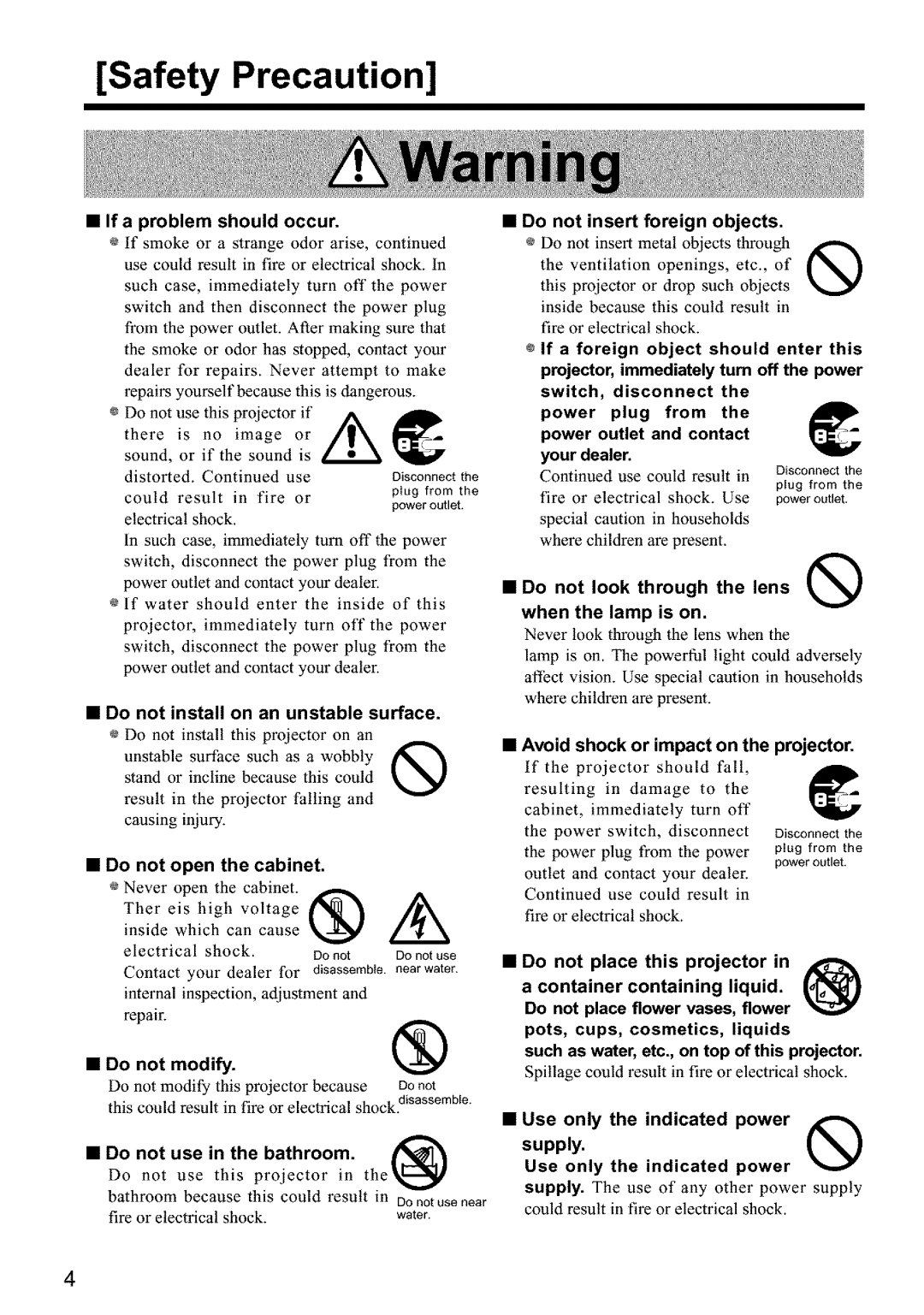 Hitachi CPX960WE user manual Do not install on an unstable surface, Avoid shock or impact on, Projector 