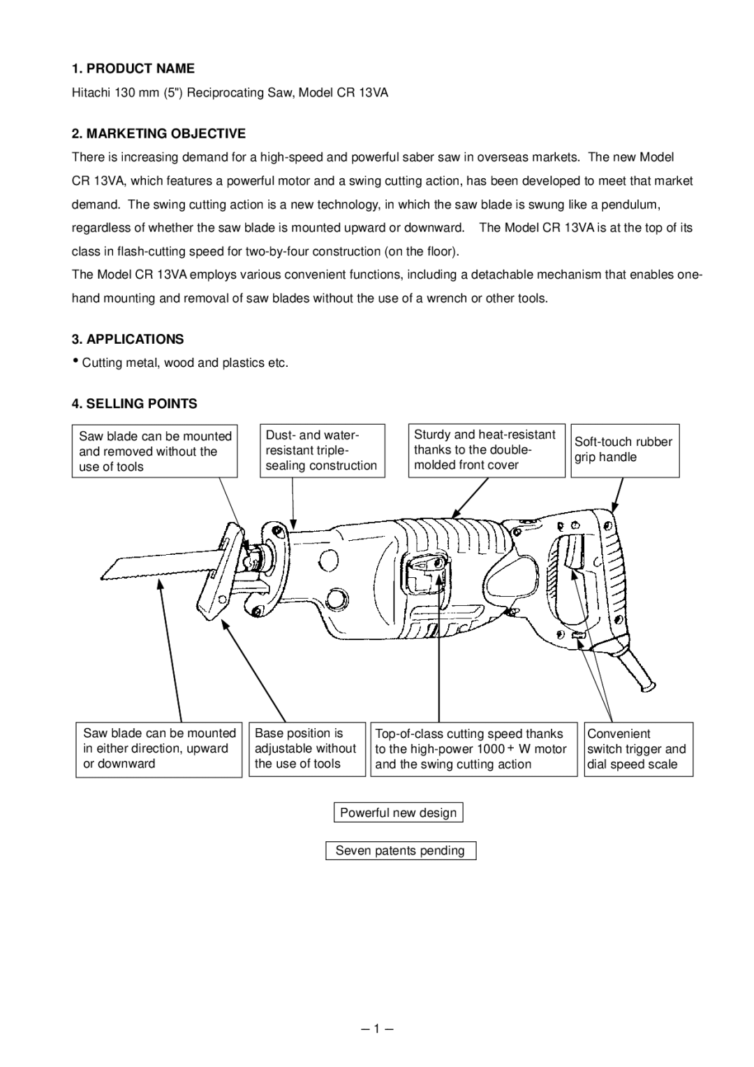 Hitachi CR 13VA service manual Product Name, Marketing Objective, Applications, Selling Points 