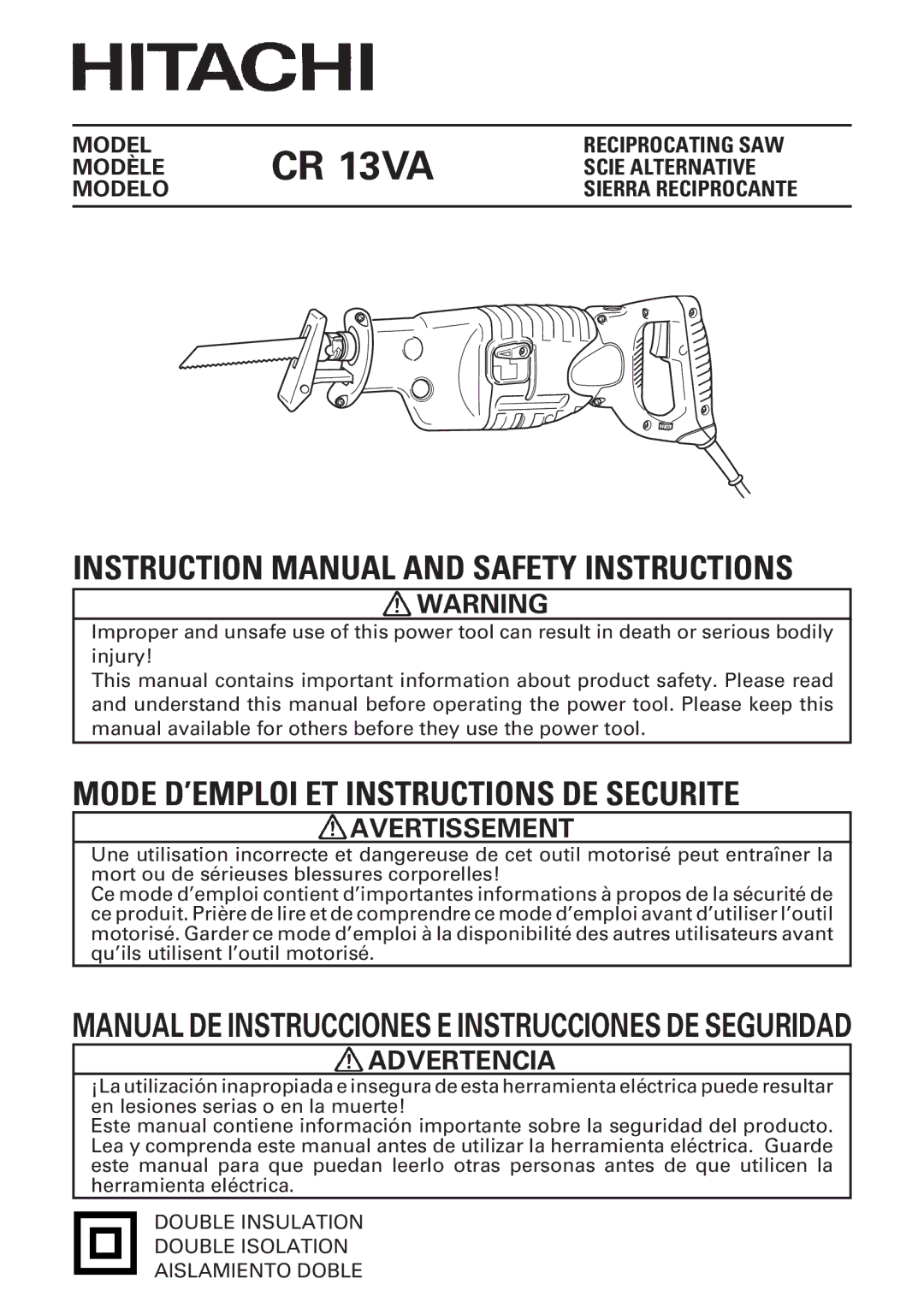 Hitachi CR 13VA instruction manual Avertissement, Advertencia 