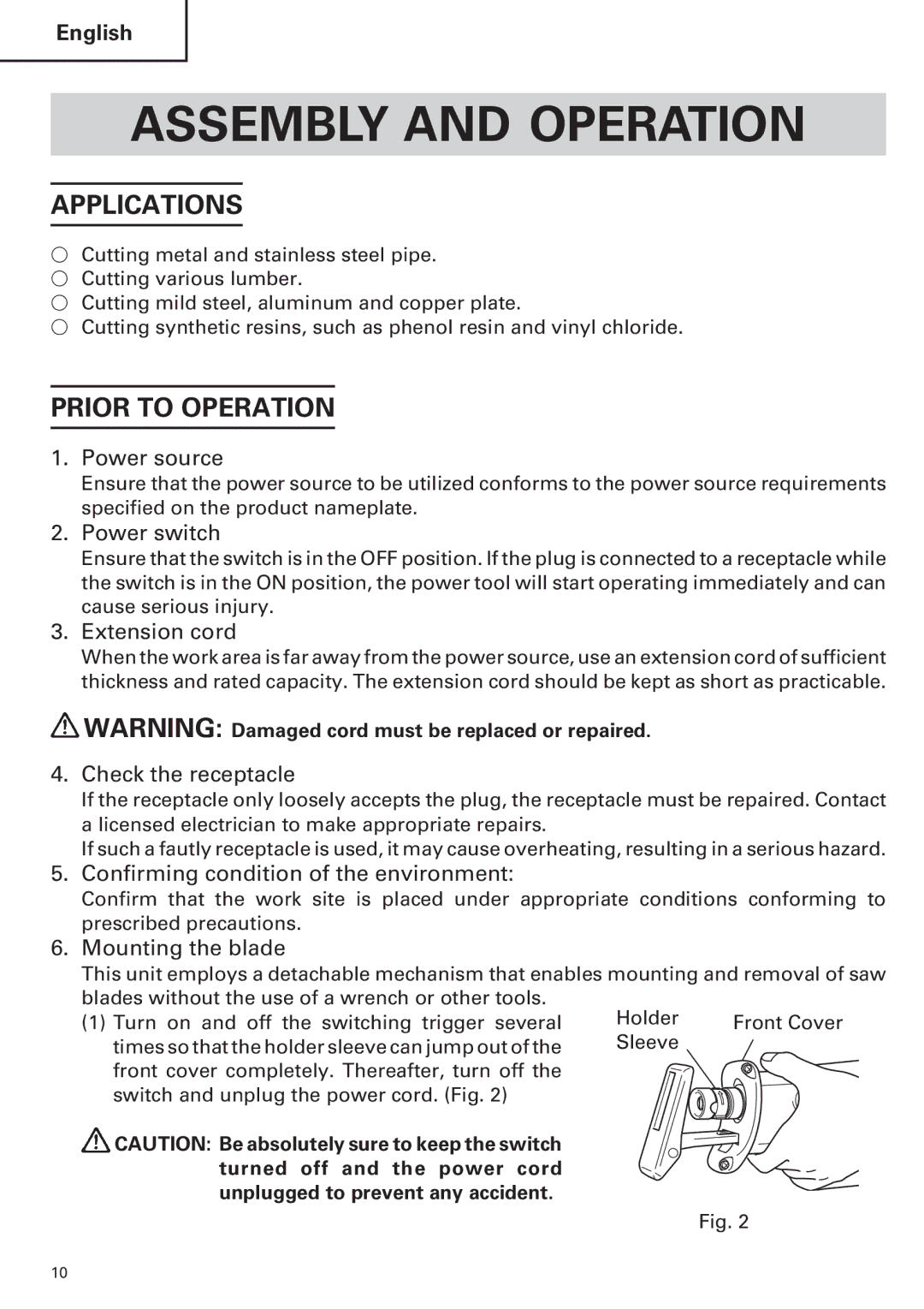 Hitachi CR 13VA instruction manual Assembly and Operation, Applications, Prior to Operation 