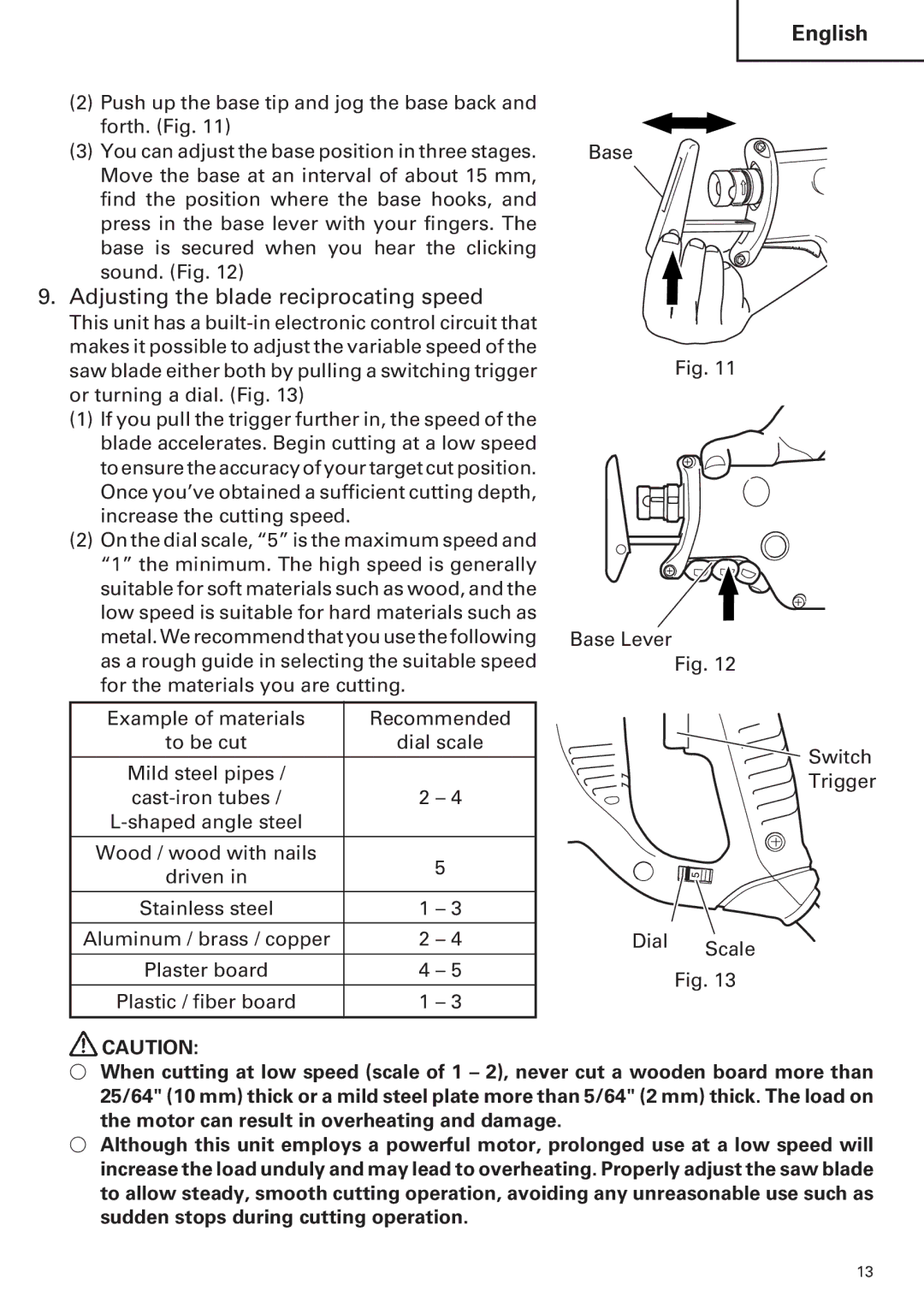 Hitachi CR 13VA instruction manual Adjusting the blade reciprocating speed 