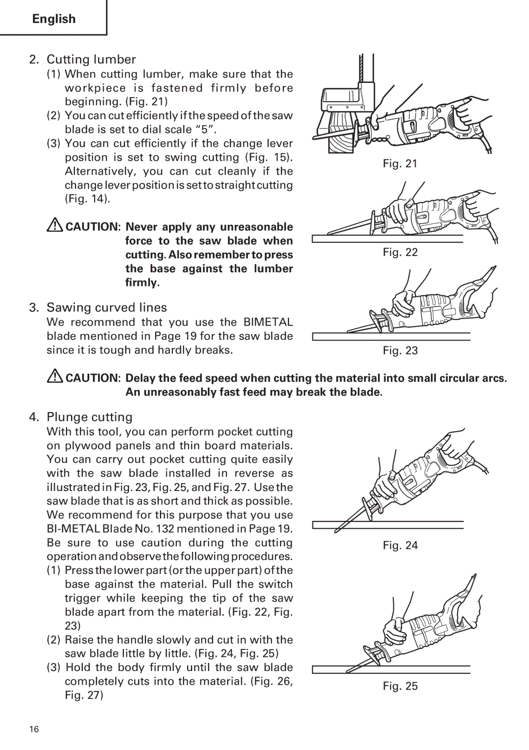 Hitachi CR 13VA instruction manual Cutting lumber, Sawing curved lines, Plunge cutting 