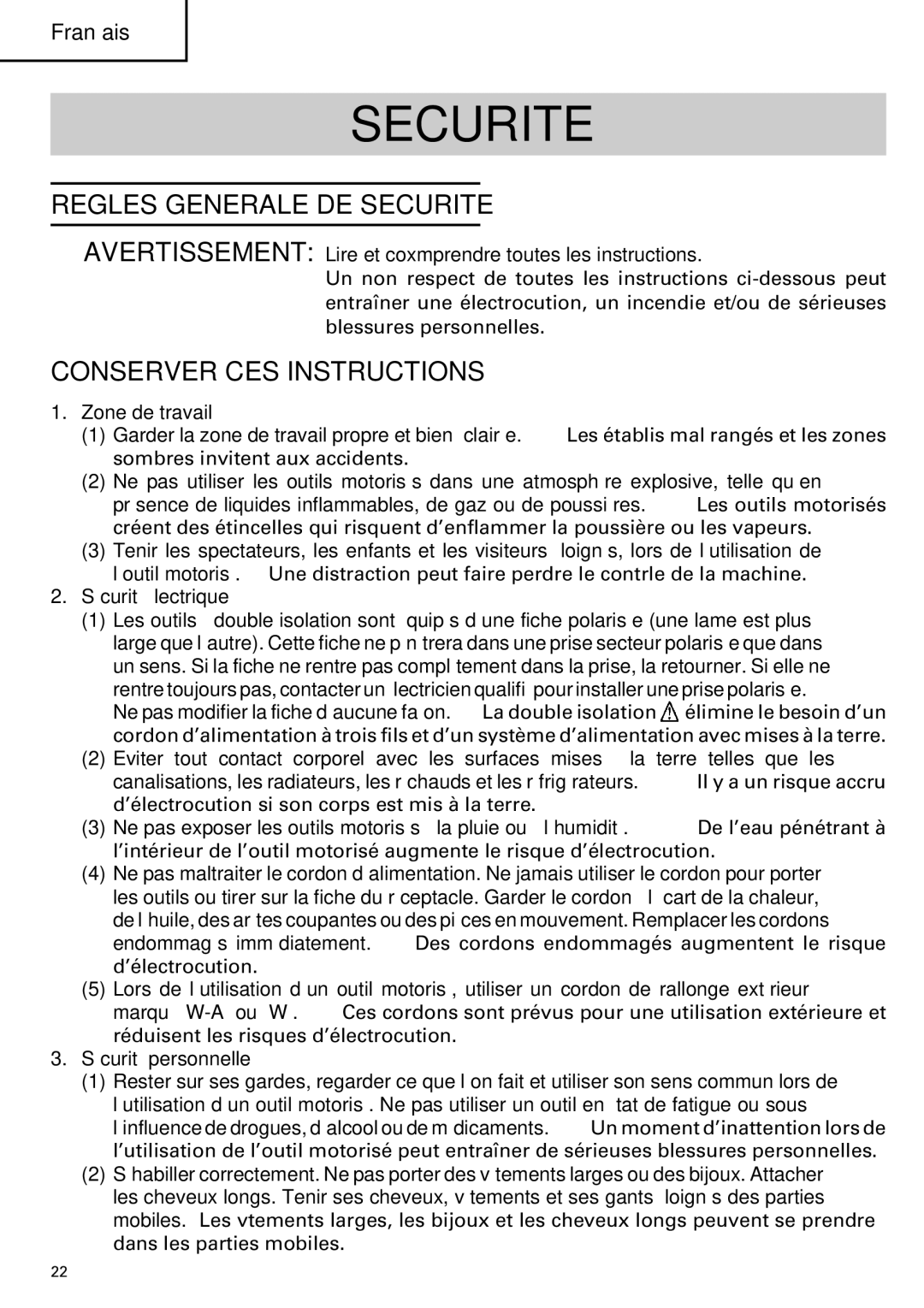 Hitachi CR 13VA instruction manual Regles Generale DE Securite, Conserver CES Instructions 