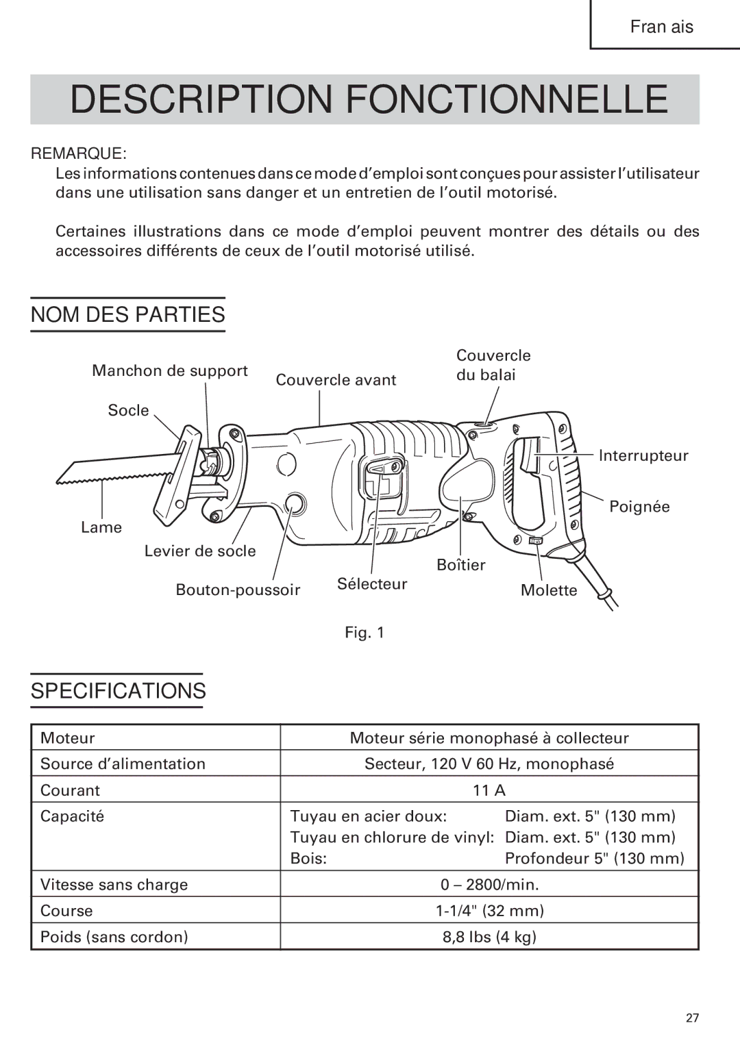 Hitachi CR 13VA instruction manual Description Fonctionnelle, NOM DES Parties 