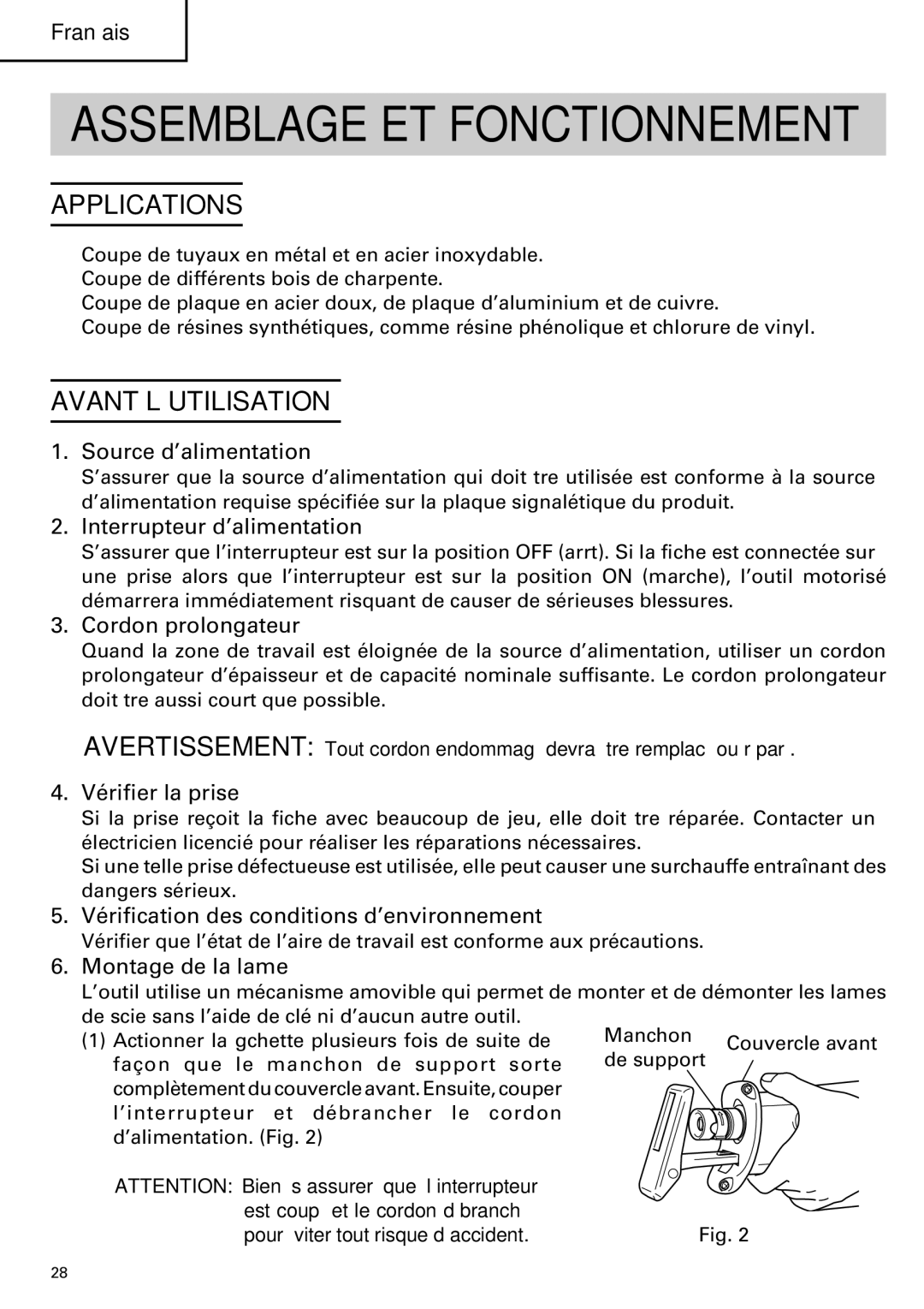 Hitachi CR 13VA instruction manual Avant L’UTILISATION 