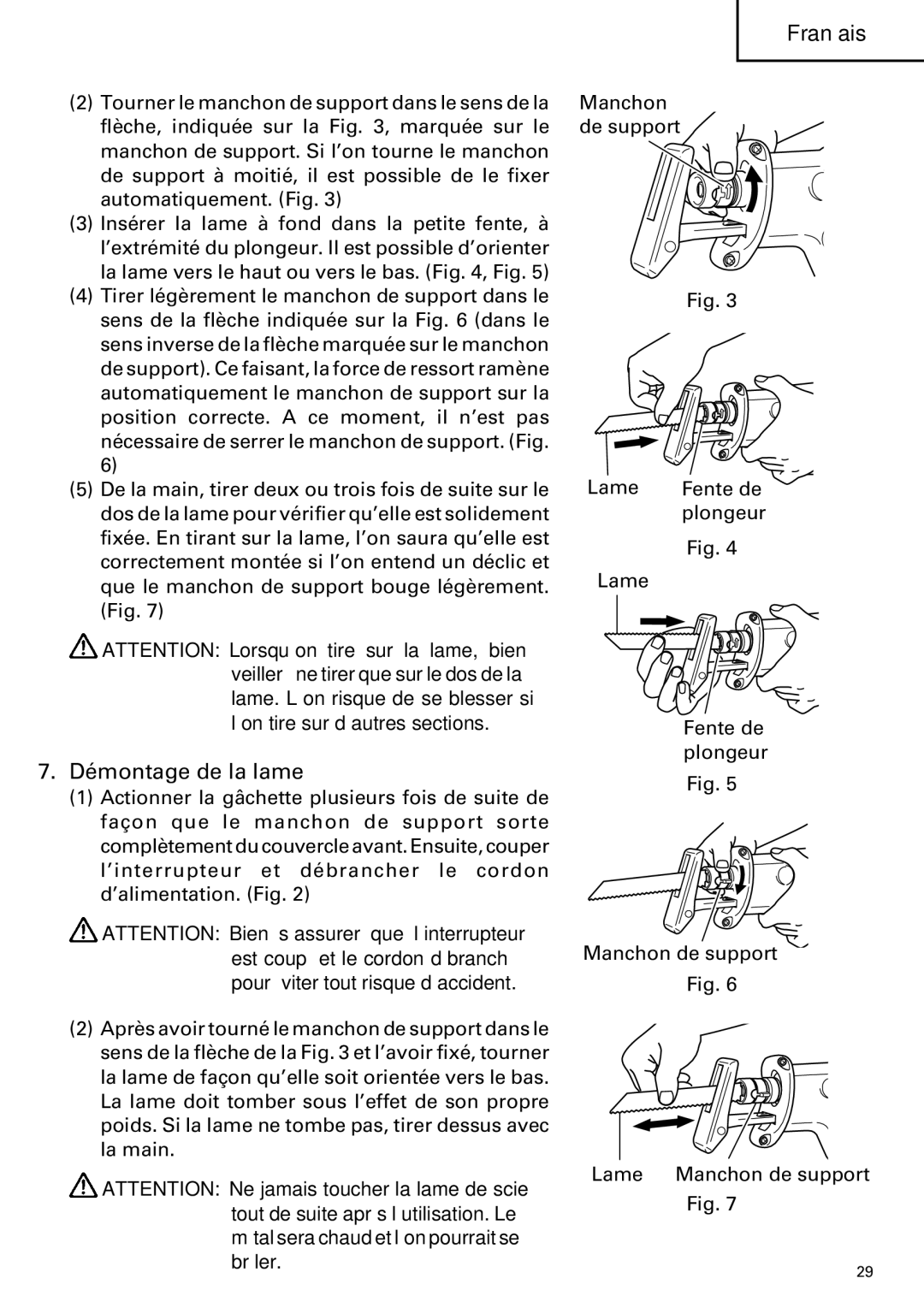 Hitachi CR 13VA instruction manual Démontage de la lame 