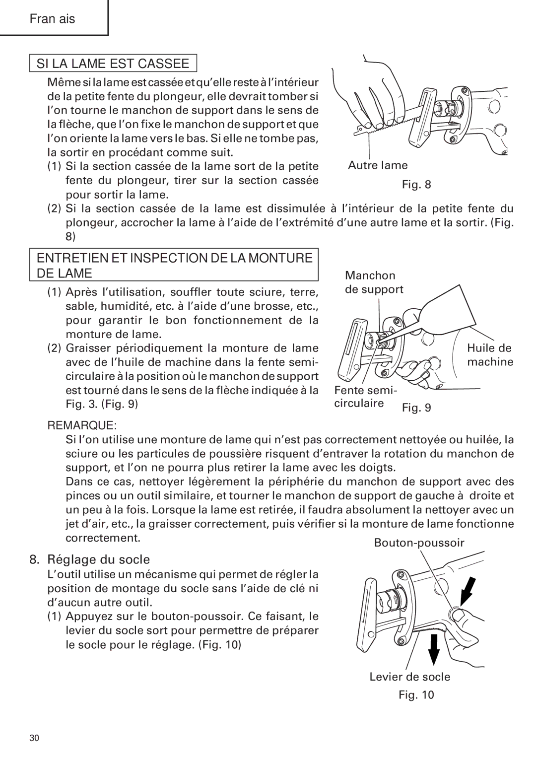 Hitachi CR 13VA instruction manual SI LA Lame EST Cassee, Réglage du socle 