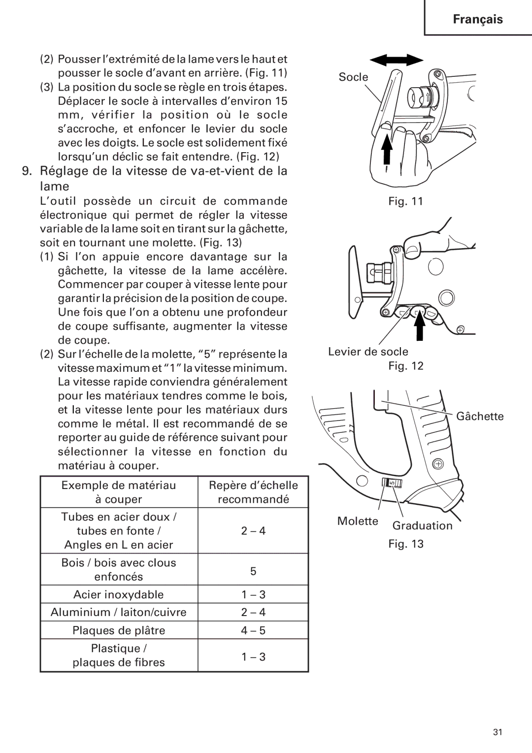 Hitachi CR 13VA instruction manual Réglage de la vitesse de va-et-vient de la lame 