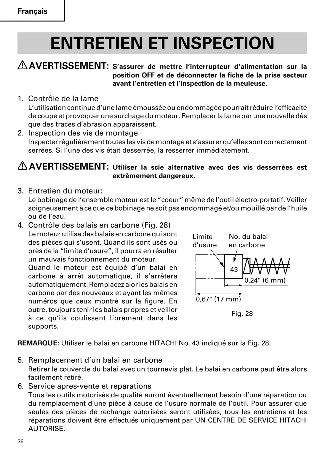 Hitachi CR 13VA instruction manual Entretien ET Inspection 