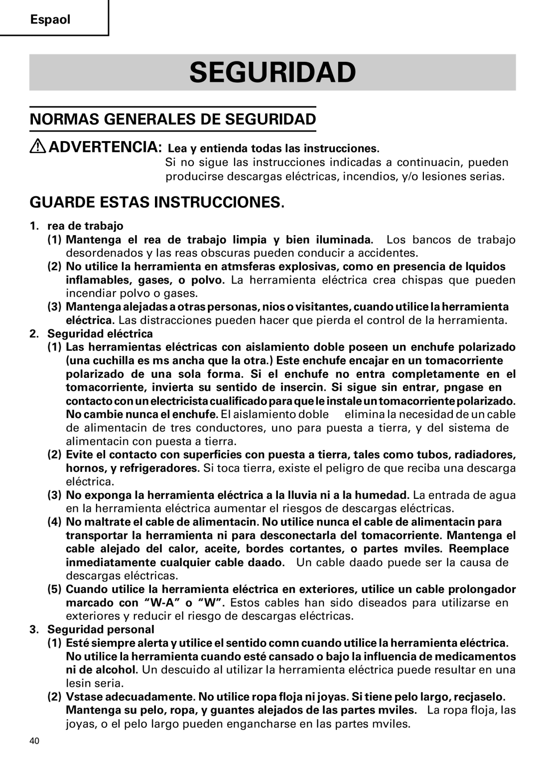 Hitachi CR 13VA instruction manual Normas Generales DE Seguridad, Guarde Estas Instrucciones, Seguridad eléctrica 