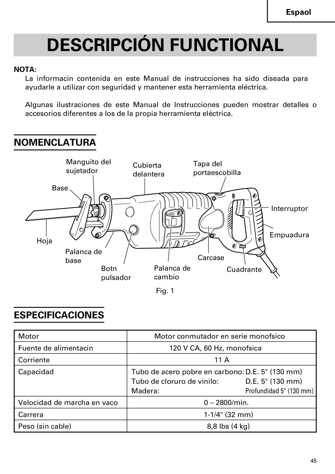 Hitachi CR 13VA instruction manual Descripción Functional, Nomenclatura, Especificaciones 