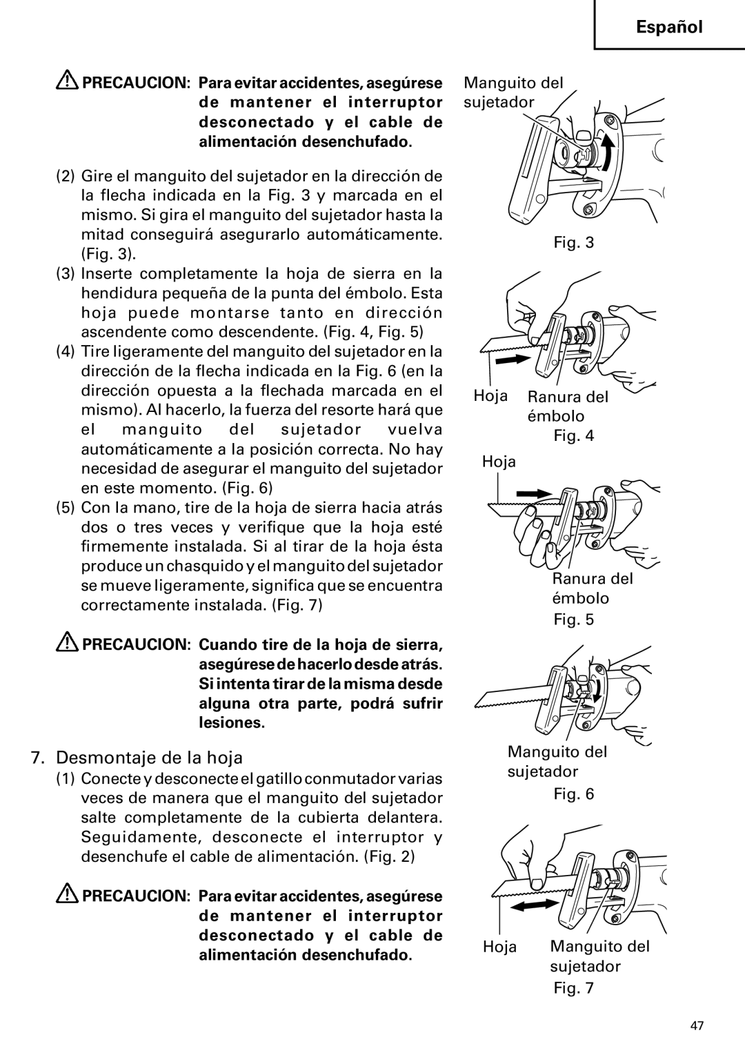 Hitachi CR 13VA instruction manual Desmontaje de la hoja 