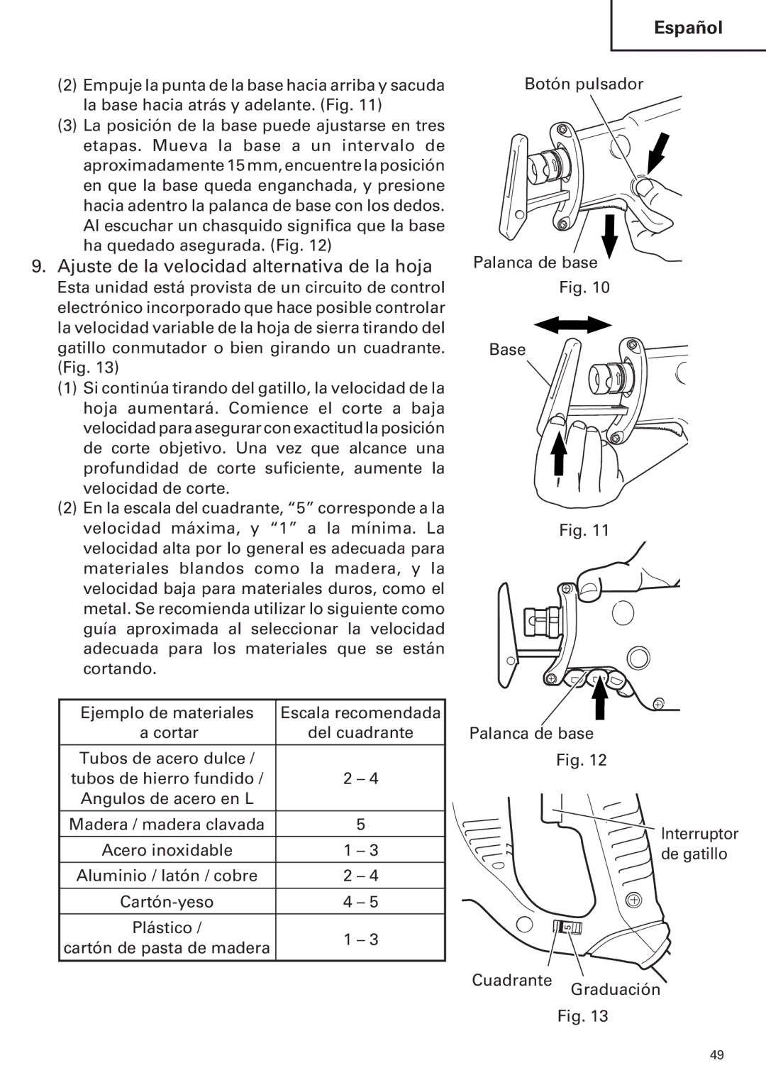 Hitachi CR 13VA instruction manual Ajuste de la velocidad alternativa de la hoja 