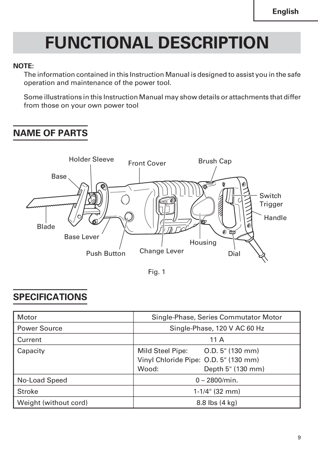 Hitachi CR 13VA instruction manual Functional Description, Name of Parts, Specifications 