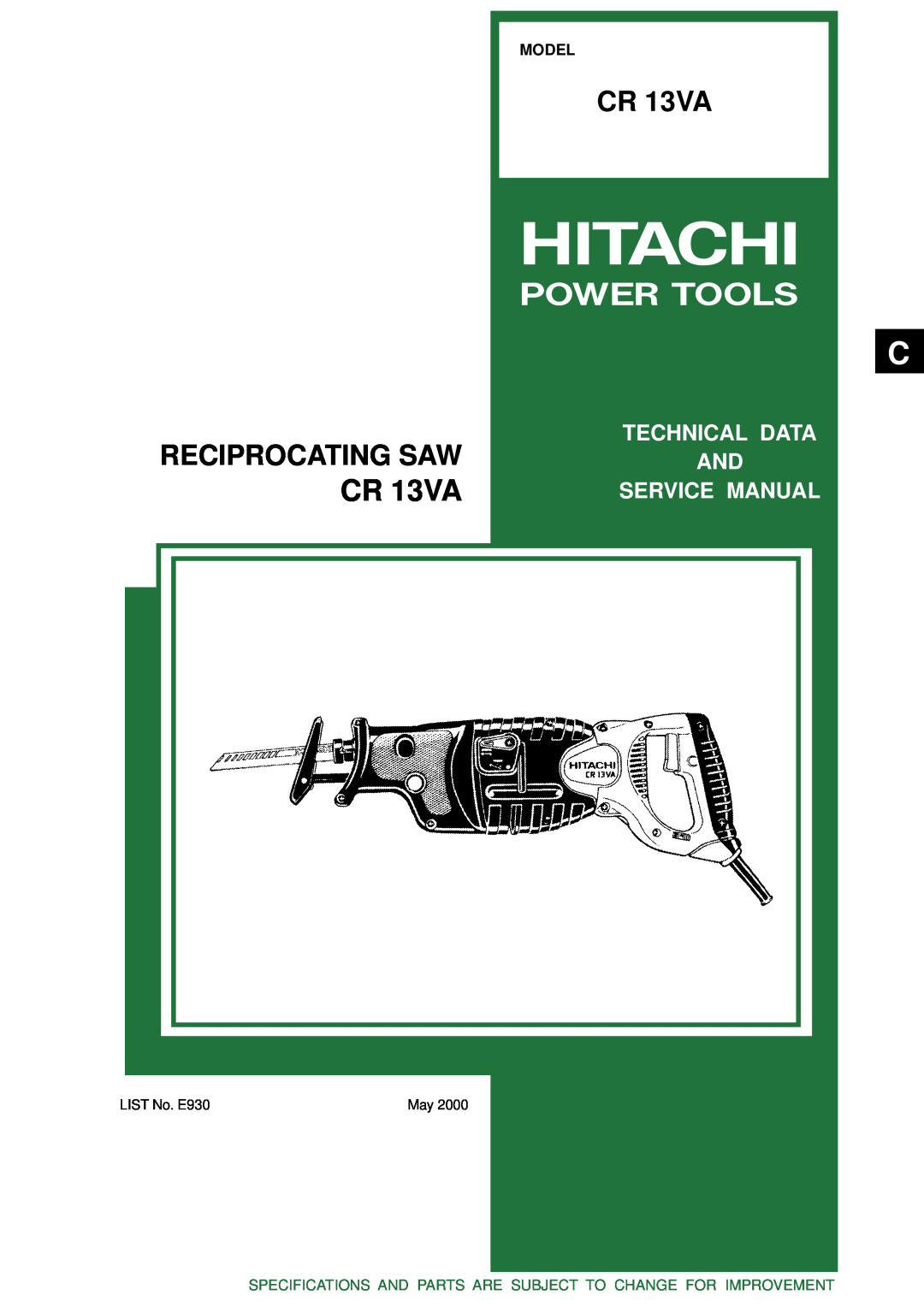 Hitachi CR 13VA service manual Reciprocating Saw, Power Tools, Model, LIST No. E930 