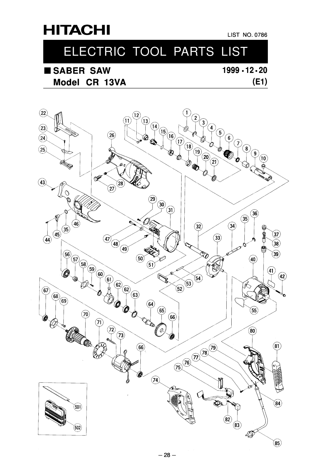 Hitachi service manual Electric Tool Parts List, Saber Saw, Model CR 13VA, 1999, List No 