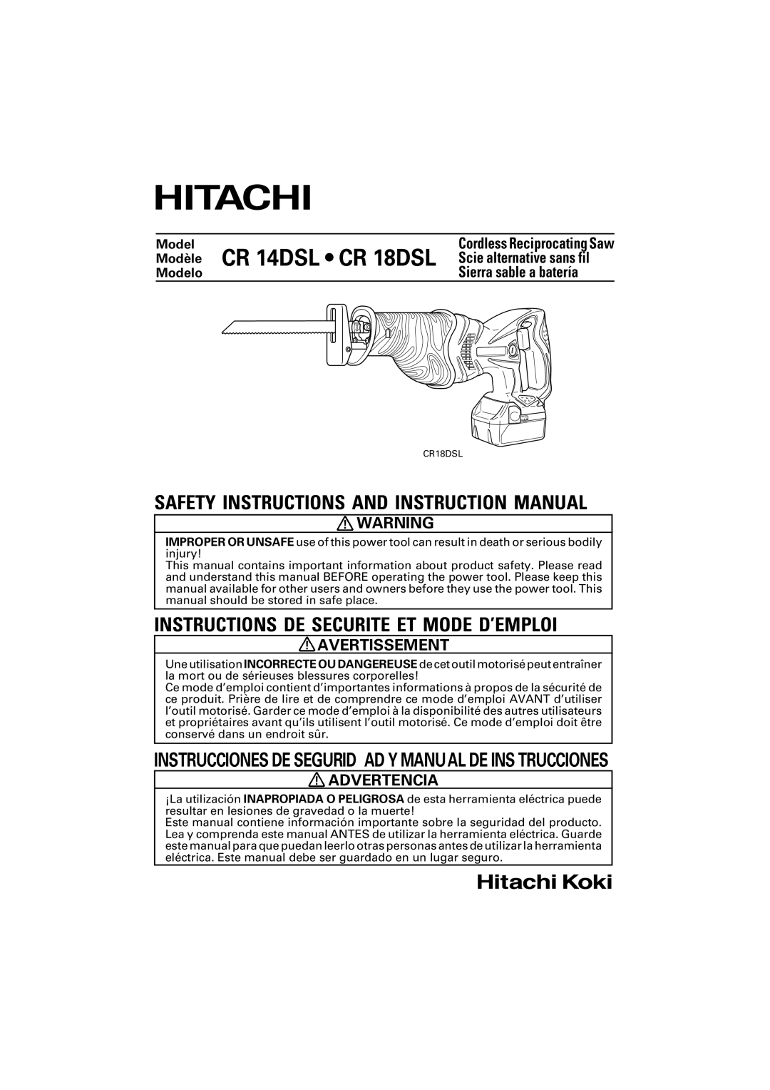 Hitachi CR18DSL instruction manual Modèle CR 14DSL CR 18DSL, Cordless Reciprocating Saw 