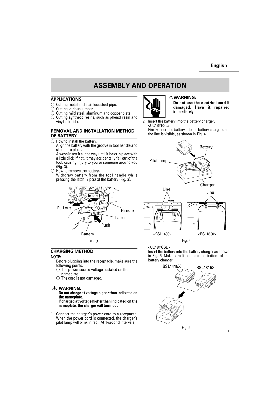 Hitachi CR18DSL Assembly and Operation, Applications, Removal and Installation Method of Battery, Charging Method 