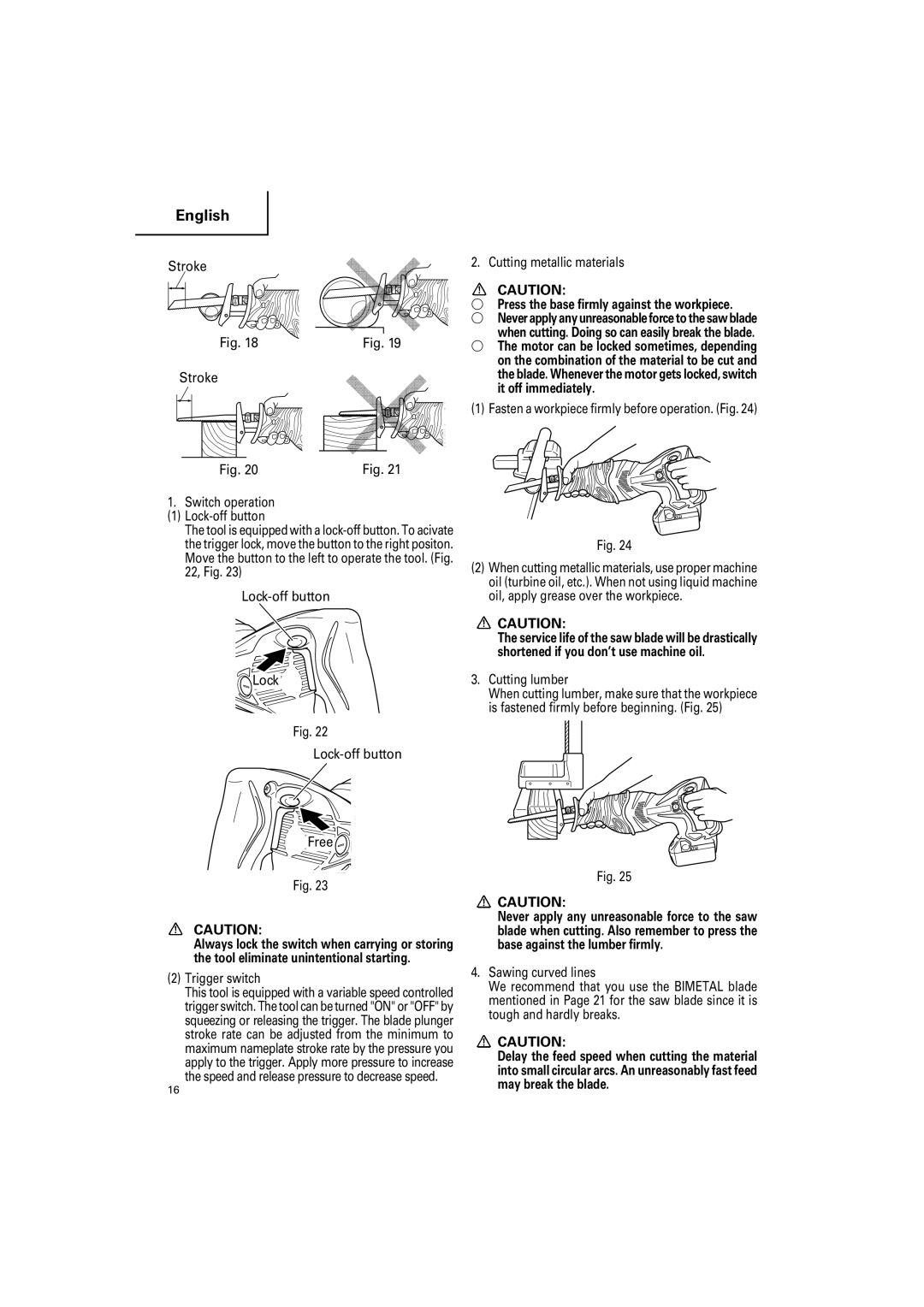 Hitachi CR 14DSL, CR18DSL instruction manual Trigger switch, Cutting metallic materials, Cutting lumber 