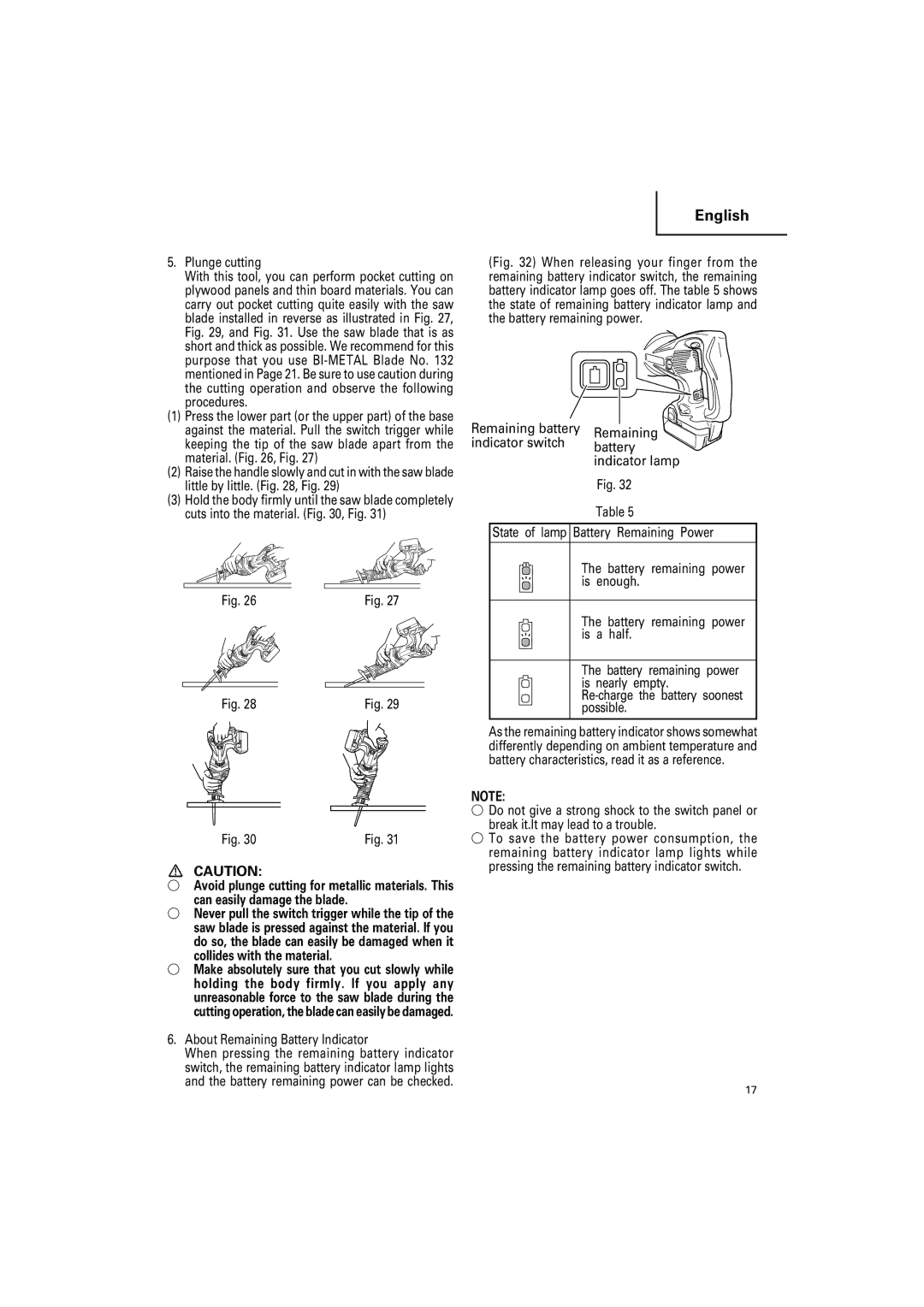 Hitachi CR18DSL, CR 14DSL Plunge cutting, About Remaining Battery Indicator, Remaining battery Indicator switch Battery 