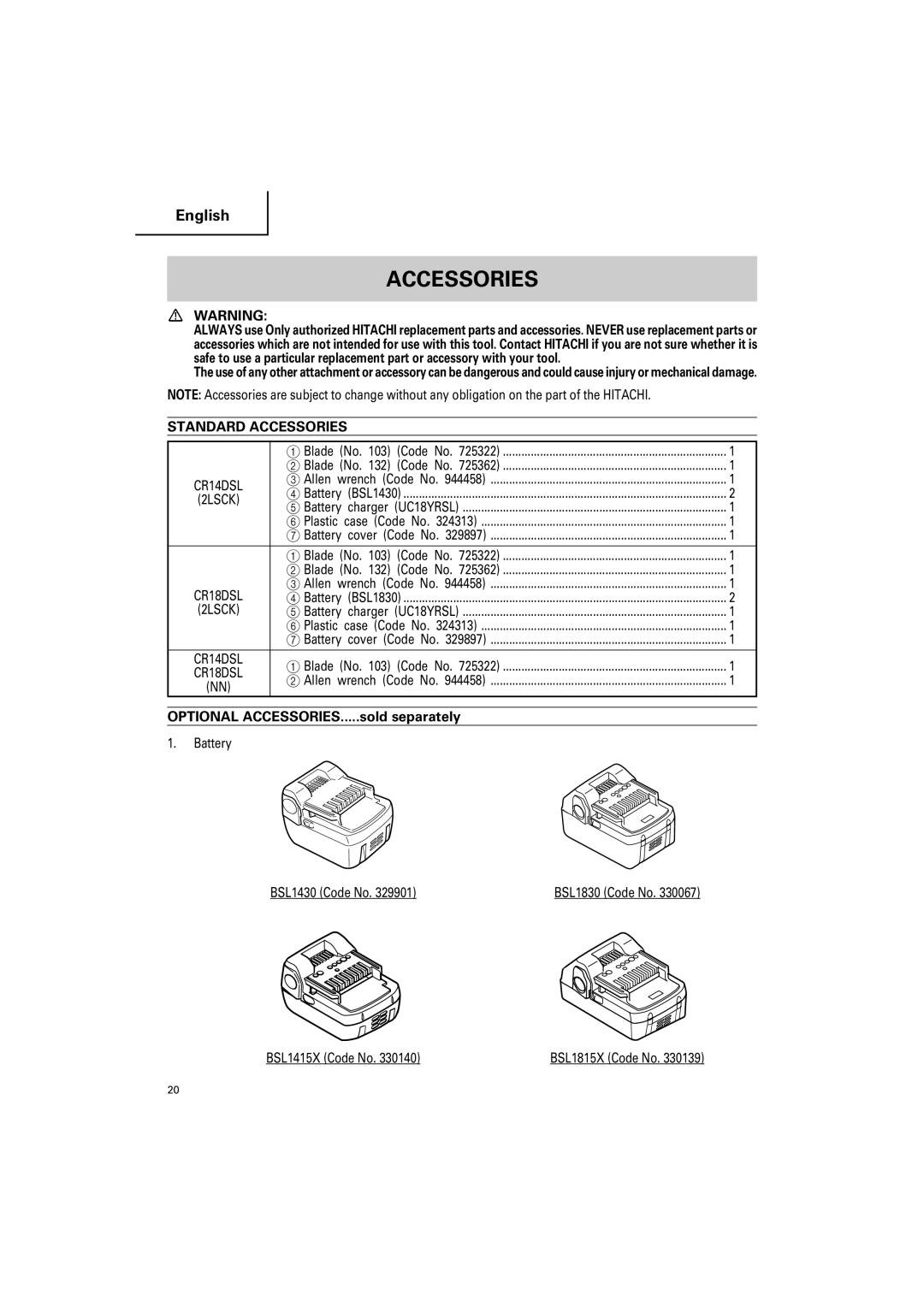 Hitachi CR 14DSL, CR18DSL Standard Accessories, Optional ACCESSORIES.....sold separately, Battery BSL1430 Code No 