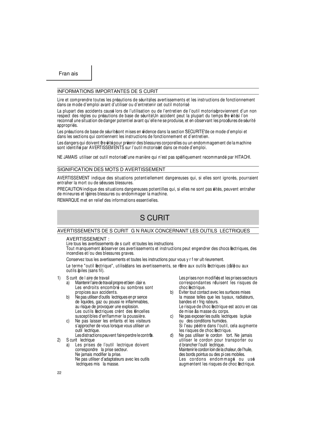 Hitachi CR 14DSL, CR18DSL Informations Importantes DE Sécurité, Signification DES Mots D’AVERTISSEMENT 