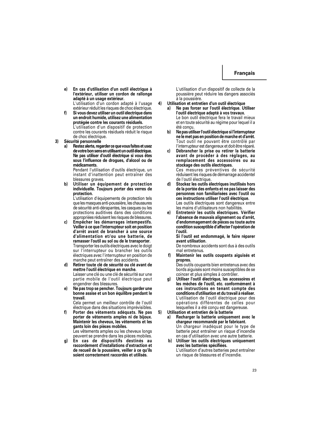 Hitachi CR18DSL, CR 14DSL instruction manual Sécurité personnelle, Utilisation et entretien dun outil électrique 