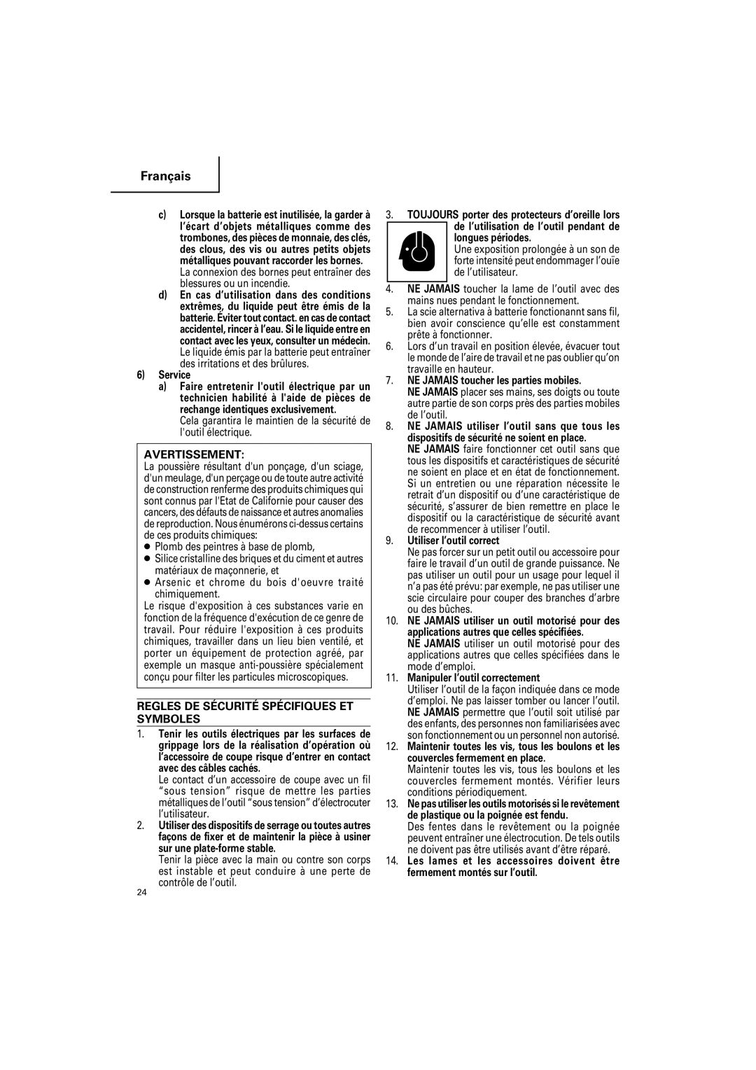 Hitachi CR 14DSL, CR18DSL instruction manual Avertissement, Regles DE Sécurité Spécifiques ET Symboles 