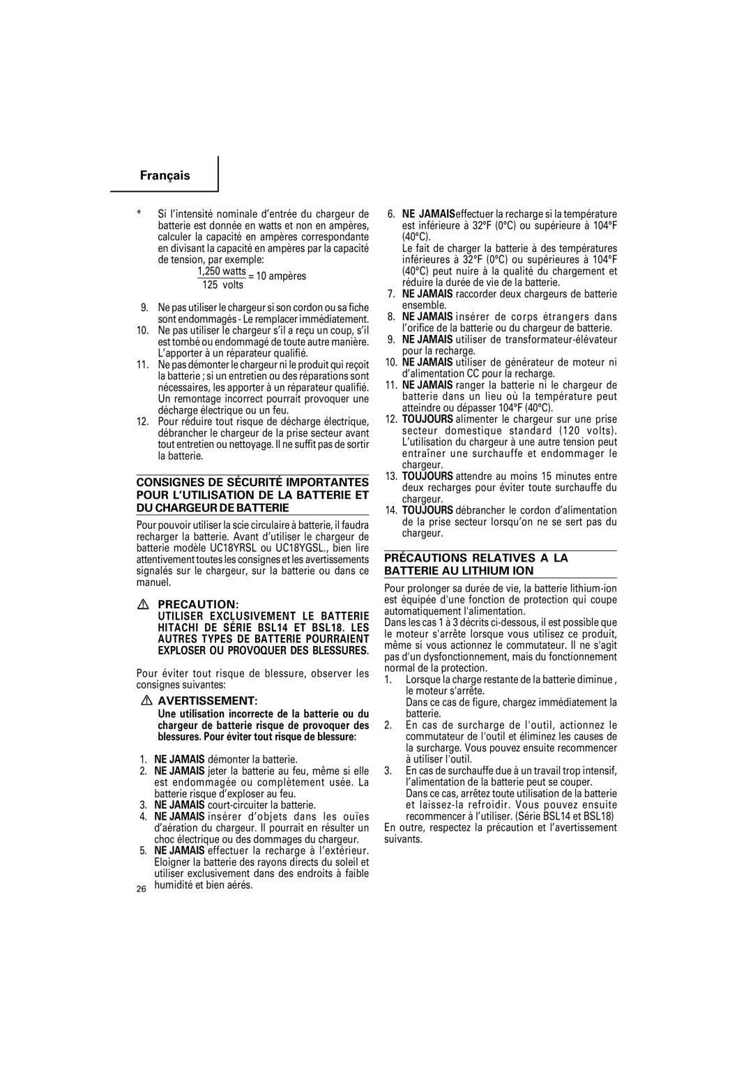 Hitachi CR 14DSL, CR18DSL instruction manual Precaution, Précautions Relatives a LA Batterie AU Lithium ION 