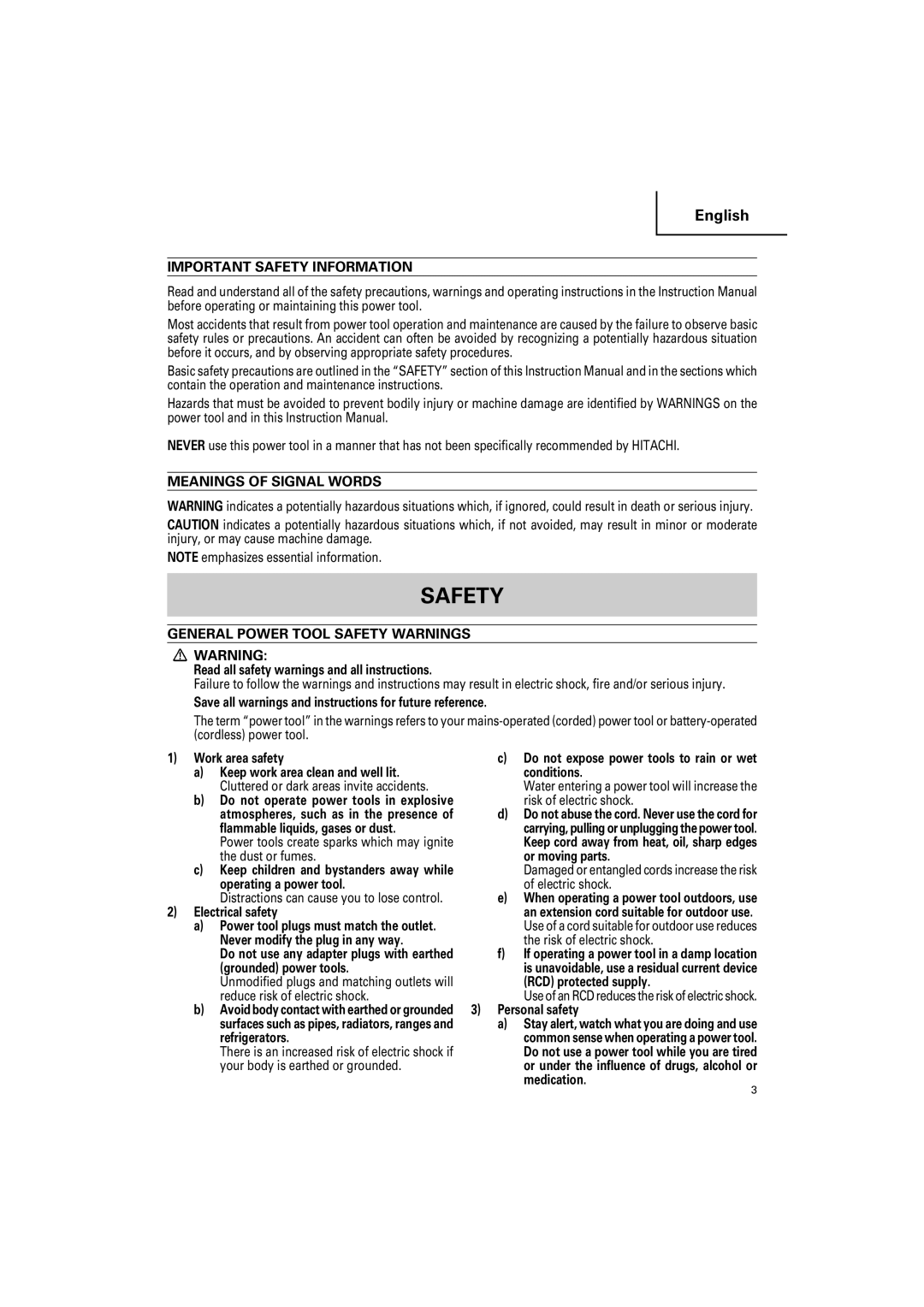 Hitachi CR18DSL, CR 14DSL Important Safety Information, Meanings of Signal Words, General Power Tool Safety Warnings 