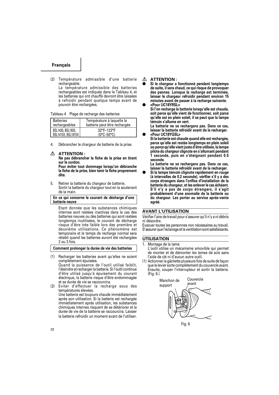 Hitachi CR 14DSL, CR18DSL instruction manual Pour UC18YRSL, Pour UC18YGSL, Avant L’UTILISATION, Utilisation 