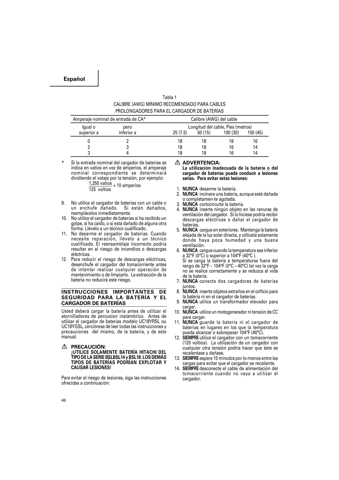 Hitachi CR 14DSL, CR18DSL Tabla, Longitud del cable, Pies metros, Vatios = 10 amperios Voltios, Precaución 