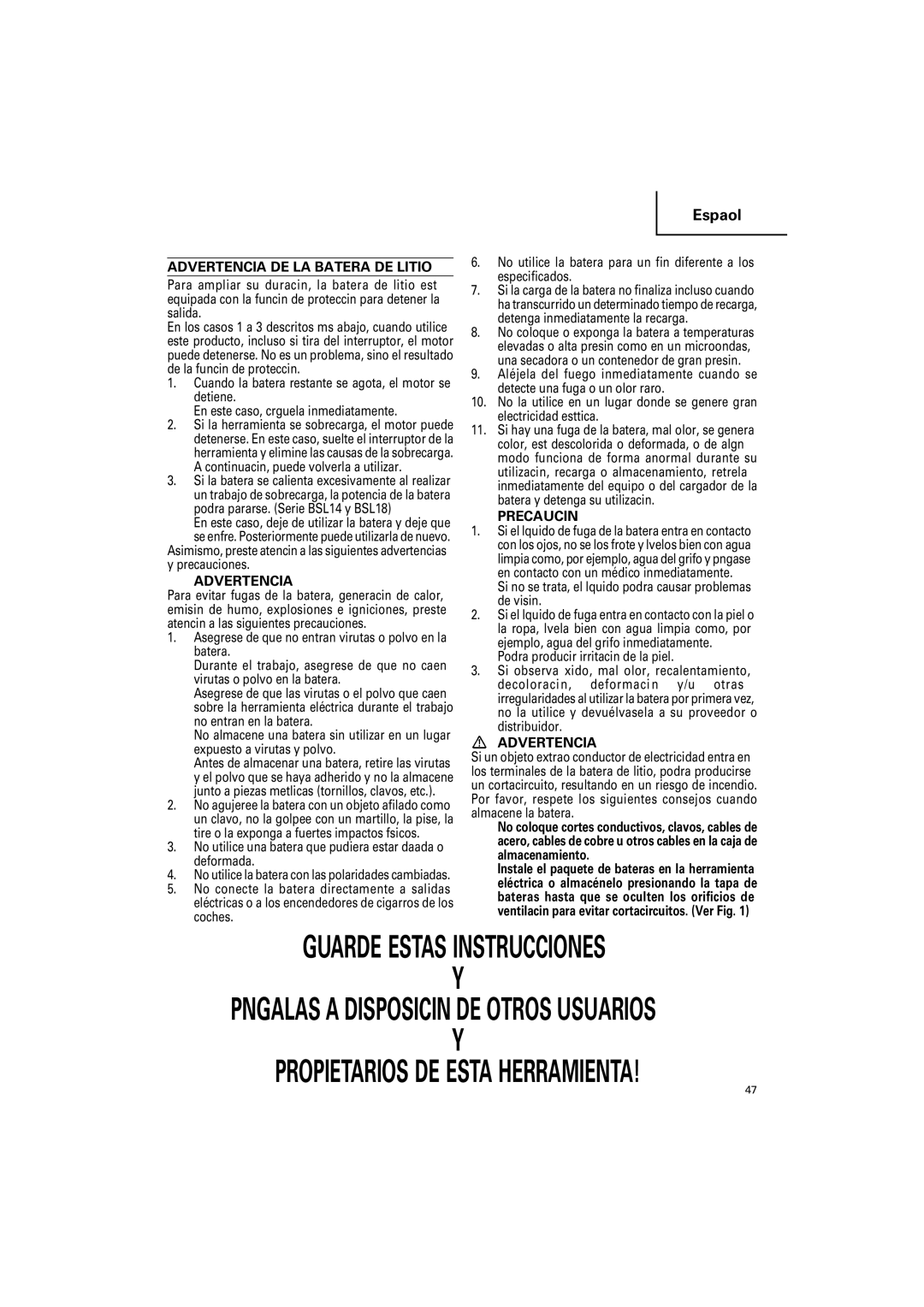 Hitachi CR18DSL, CR 14DSL instruction manual Póngalas a Disposición DE Otros Usuarios, Advertencia DE LA Batería DE Litio 