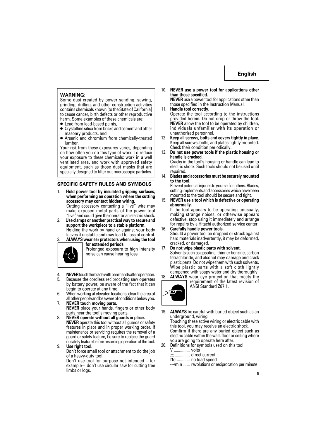 Hitachi CR18DSL, CR 14DSL instruction manual Specific Safety Rules and Symbols 