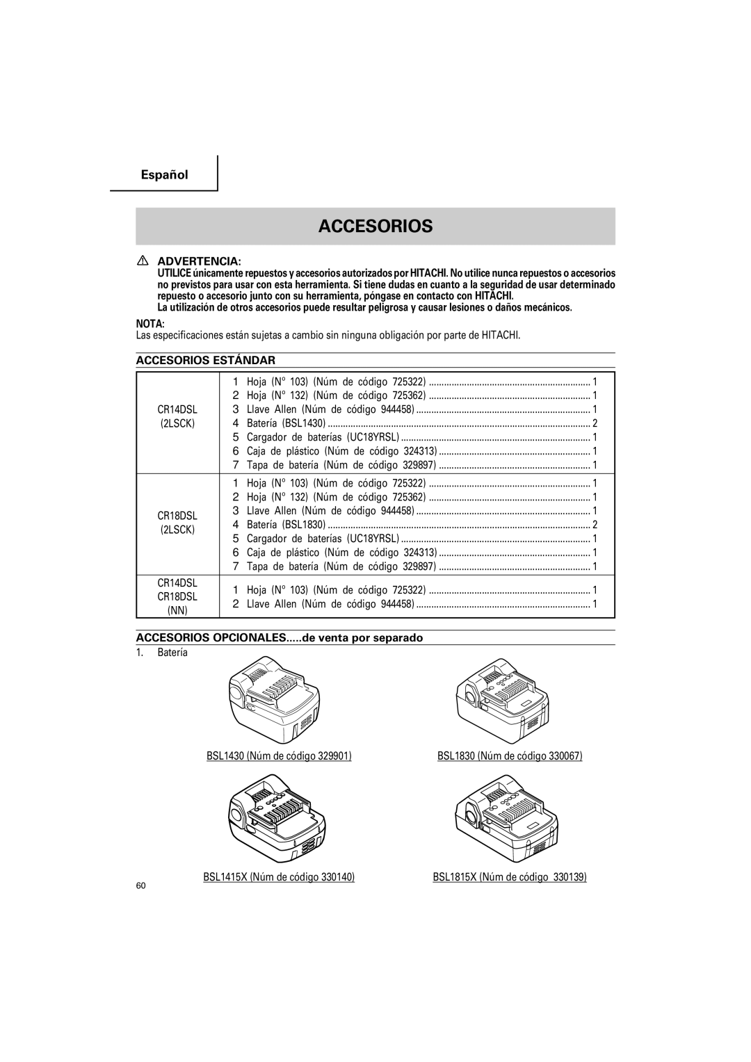 Hitachi CR 14DSL Accesorios Estándar, Accesorios OPCIONALES.....de venta por separado, Batería BSL1430 Núm de código 