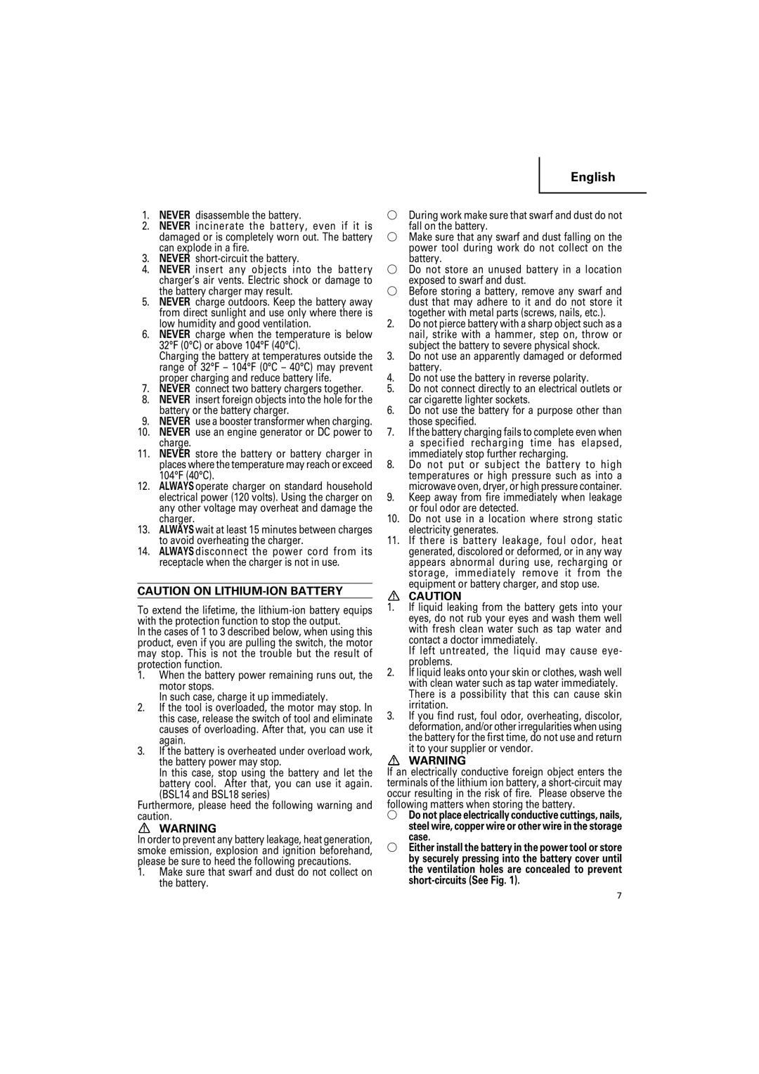 Hitachi CR18DSL, CR 14DSL instruction manual Never connect two battery chargers together 